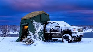 Camping In Snow Storm With Rooftop Tent And Diesel Heater [upl. by Kurr83]