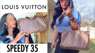 LOUIS VUITTON SPEEDY 35 REVIEW What Fits Inside Too Big For A Short Person [upl. by Elysha504]