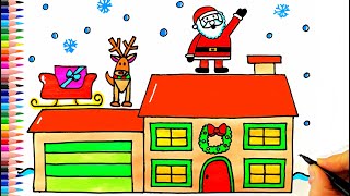 Noel Baba ve Yılbaşı Evi Çizimi 🎅🦌 🎁 Christmas House and Santa Claus Drawing  Yeni Yıl Resmi Çizimi [upl. by Yrrac]