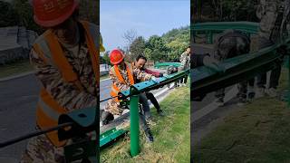 Manual installation process of bend guardrail on rural roads [upl. by Belford]