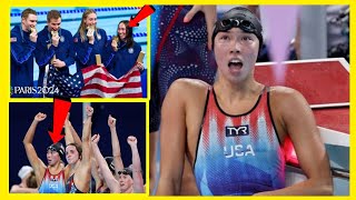 USA breaks world record wins swimming Olympic gold in womens medley relayjapenese reporter [upl. by Aneele]