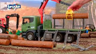 Bruder Toys Scania RSeries Timber truck with loading crane and 3 trunks 03524 [upl. by Barbarese]