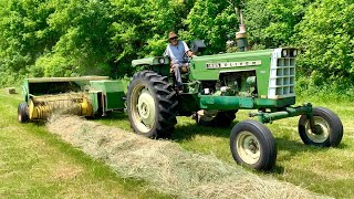 Making first crop hay with a Oliver Tractors a JD 336 baler and New Holland Stackliner wagon [upl. by Paterson605]