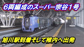 ６両編成のスーパー宗谷１号旭川駅到着そして稚内へ出発 [upl. by Ahtimat]