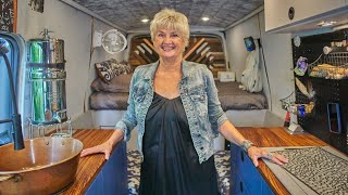 Solo Female Van Life at age 70 Tour of INCREDIBLE DIY Ford Transit Stealth Camper Conversion [upl. by Ecirahs]