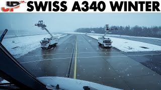 Piloting SWISS Airbus A340 in Winter  DeIcing  Cockpit Views [upl. by Nidnerb]