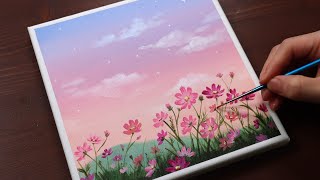 Cosmos Flowers  Landscape  Easy acrylic painting for beginners  PaintingTutorial  Painting ASMR [upl. by Aremahs11]