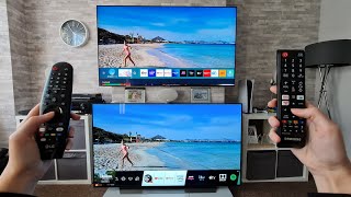 QLED vs OLED speed testmenusappsassistants amp more LG CX vs Samsung Q95T webOS vs Tizen [upl. by Wawro]