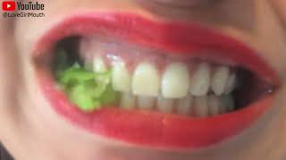 Here a girl shows you her teeth and molars she chews a celery into a pulp [upl. by Grizel]