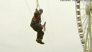 Boris Johnson gets stuck on a zip wire in Londons Victoria Park [upl. by Llerrod32]