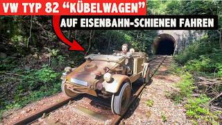 Wehrmacht Kübelwagen auf der Eisenbahnstrecke mit Auto über Schienen Typ 82 KlappspatenTV [upl. by Drusus]