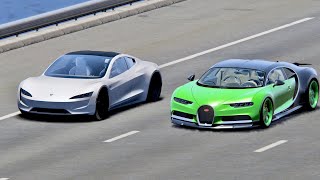 Bugatti Chiron with Nos vs Tesla Roadster  Drag Race 2KM [upl. by Adnilemre472]