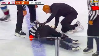 Referee Mitch Dunning Stretchered Off Ice After Josh Manson Collision  Avalanche Flyers Highlights [upl. by Seavey]