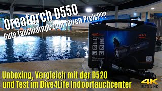 Orcatorch D550 Tauchlampe  Unboxing amp Test im Dive4Life Indoortauchcenter 🔦 4K60FPS [upl. by Ellie]