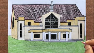 How to Draw a Church in 1Point Perspective [upl. by Ahsiekar]