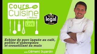 Cours de cuisine  Echine de porc laquée au café poêlée daubergines et croustillant au maïs [upl. by Imiaj22]