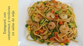 Espagueti con Camarones y Verduras en Salsa de Soja recetachina espagueticoncamarones comidachina [upl. by Aihtiekal279]