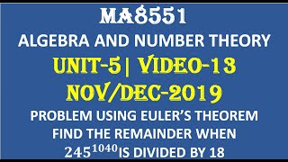 PROBLEM1 USING EULERS THEROM  ALGEBRA AND NUMBER THEORY  UNIT5  VIDEO13 [upl. by Nilde257]