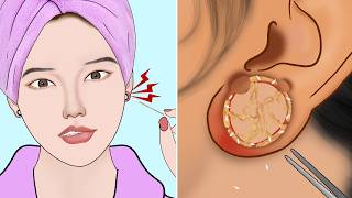 ASMR Remove Unmanaged Huge Infected Ear Piercing Ring  Maggots Removal Animation [upl. by Bonnice]