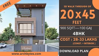 20x45 House Design 3D  900 Sqft  100 Gaj  4 BHK  Modern Design  Terrace Garden  6x14 Meters [upl. by Jillene]