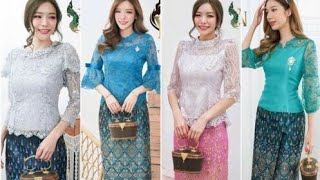 Set Thai Traditional Lace Blouse Praewa Silk Skirt Lady Dress Size M 4XL [upl. by Lieberman]