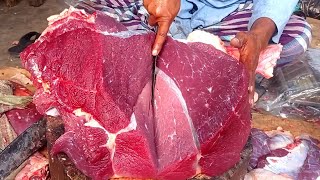 Fastest beef cutting skills by traditional butcher।। Beef Cutting big knife skill Cow leg cutting [upl. by Rehsa]