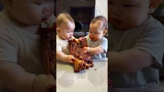 My twins have such great appetites that they enjoy eating whole chunks of meat humancubsworktoo h [upl. by Esydnac367]