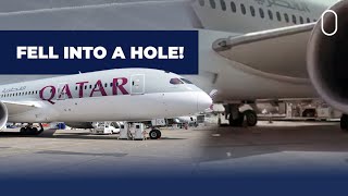 Qatar Airways Boeing 787 Falls Into Drain Hole Engine Damaged [upl. by Aloek]