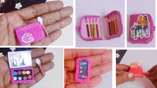 How to make miniature Barbie items DIY Barbie miniature barbie doll phonebarbie makeup setpaper [upl. by Yrahk]