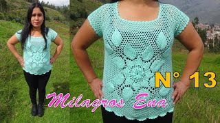 Blusa N° 13 tejido a Crochet de 2 Cuadrados HOJAS EN RELIEVES paso a paso  tallas S M L XL XXL [upl. by Jackson]