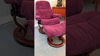 Scandinavian Ekornes Stressless Adjustable Purple Suede Recliner amp Ottoman [upl. by Anirdnajela]