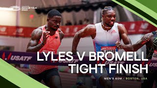 Noah Lyles 🇺🇸 beats Trayvon Bromell on the finish line of the mens 60m 🔥  World Indoor Tour 2023 [upl. by Brackett]