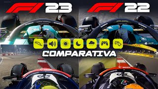 COMPARATIVA COMPLETA F1 23 VS F1 22 GRÁFICOS CIRCUITOS RENDIMIENTOS MOTORES MANDO CARAS Y MÁS [upl. by Levison]