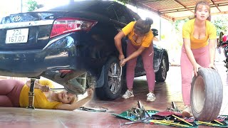 Restore car wheels for drivers highland areas  Manually patch tire punctures  Genius girl repair [upl. by Baily623]