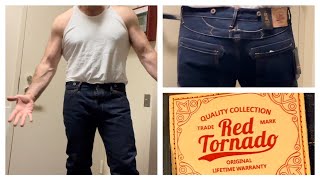 Red Tornado 165 oz Raw Indigo Selvedge Denim Jeans Winch Strap Try on [upl. by Constantine]