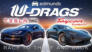 UDrags Race Porsche Taycan Turbo GT vs Tesla Model S Plaid  Quarter Mile Handling amp More [upl. by Yenetruoc539]