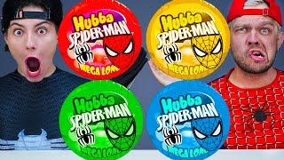 Red Hubba Bubba vs Blue Yellow Pink Food Challenge 레드 노란색블루 푸드 챌린지 SpiderMan amp Black SpiderMan [upl. by Drofub]