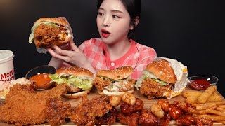 SUB맘스터치 싸이플렉스버거 할라피뇨통살버거 닭강정 후라이드통다리 햄버거에 치킨 먹방🍔🍗 치즈스틱까지 리얼사운드 Chicken amp Burger Mukbang Asmr [upl. by Ecirad]