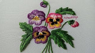 Hand Embroidery  Pansies with long and short stitch  ArtesdOlga [upl. by Roybn]