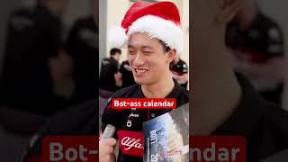 Zhou Opens BottasThemed Calendar… secretsanta formula1 f1 alfaromeo [upl. by Oinotla26]