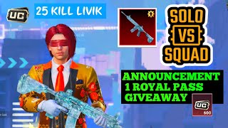 BATTLEGROUND MOBILE INDIA GAMEPLAY SOLO VS SQUAD LIVIK 25 KILL ROYAL PASS GIVEAWAY BGMI [upl. by Acimot]