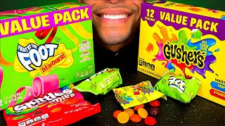 ASMR Eating Candy Skittles Starburst Gushers Gummies Fruit Snacks By The Foot Snacks Chewing [upl. by Lede]