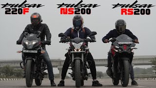 Bajaj Pulsar RS200 vs Pulsar 220F vs Pulsar NS200 Drag Race [upl. by Kermie254]