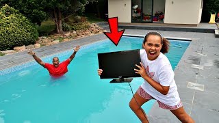 MY DADS TV IN OUR SWIMMING POOL PRANK [upl. by Leuamme]