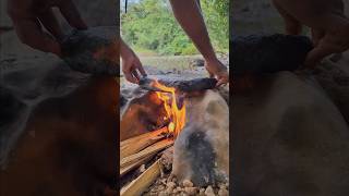 Baked potatoes with sausage on a stone 😋  Grilled sausage on hot stone [upl. by Marilou]