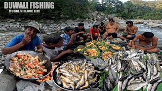 Barkhe Duwali Fishing in Mountain River Fish Catching and Cooking with Pork Meat Soup and Eating [upl. by Neerhtak72]