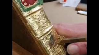 Bookbinder Goldtooling an Antiquarian Book Cooks Voyages [upl. by Ahsilem406]