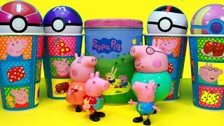 Copos Supresas Peppa Pig Brinquedos Familia Pig George Pokebolas Aprendendo Cores em Ingles [upl. by Sigfried]