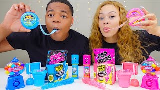 PINK FOOD VS BLUE FOOD CHALLENGE HUBBA BUBBA RACE PUSH POP JUICY DROP GUM CANDY MUKBANG [upl. by Walczak125]