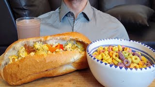 ASMR BREAKFAST CRUNCHY EGG BACON AND PORK SPREAD SUB CHOCOLATE MILK FROOT LOOPS CEREAL MUKBANG [upl. by Lathrop]